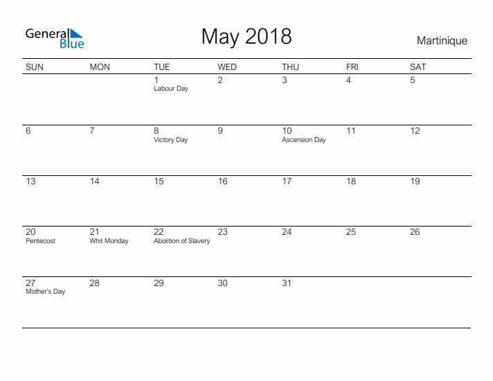 Printable May 2018 Calendar for Martinique