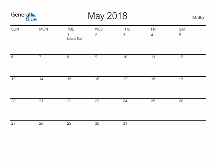 Printable May 2018 Calendar for Malta