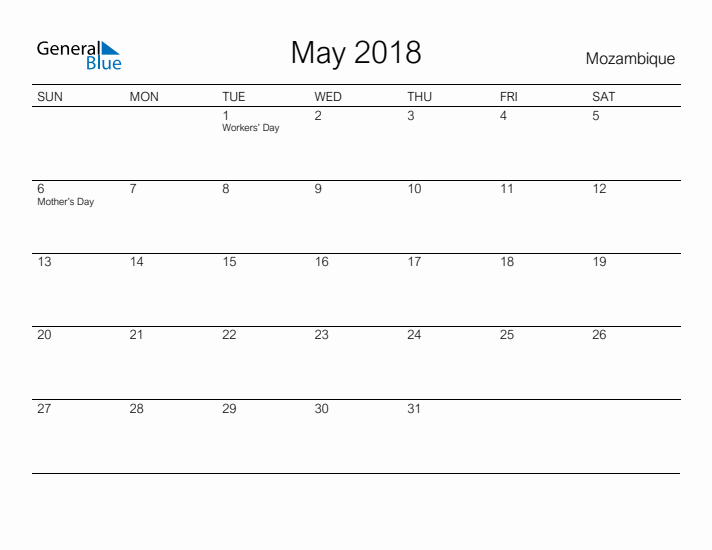 Printable May 2018 Calendar for Mozambique