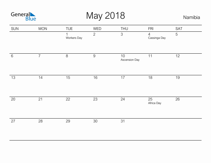 Printable May 2018 Calendar for Namibia