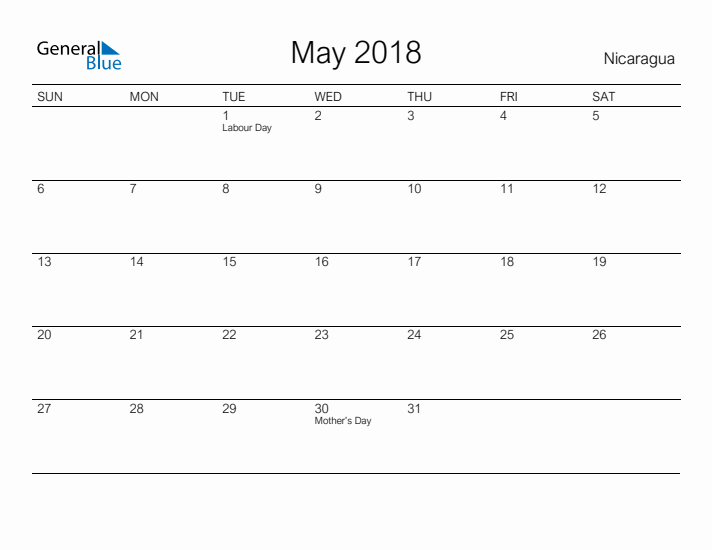 Printable May 2018 Calendar for Nicaragua