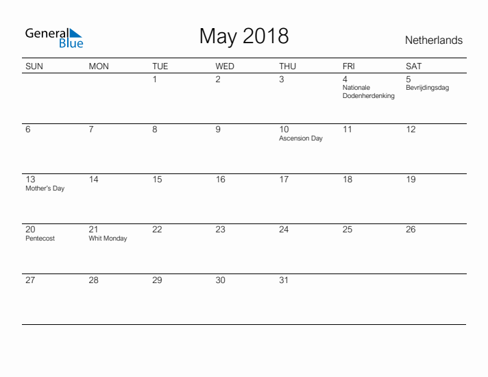 Printable May 2018 Calendar for The Netherlands