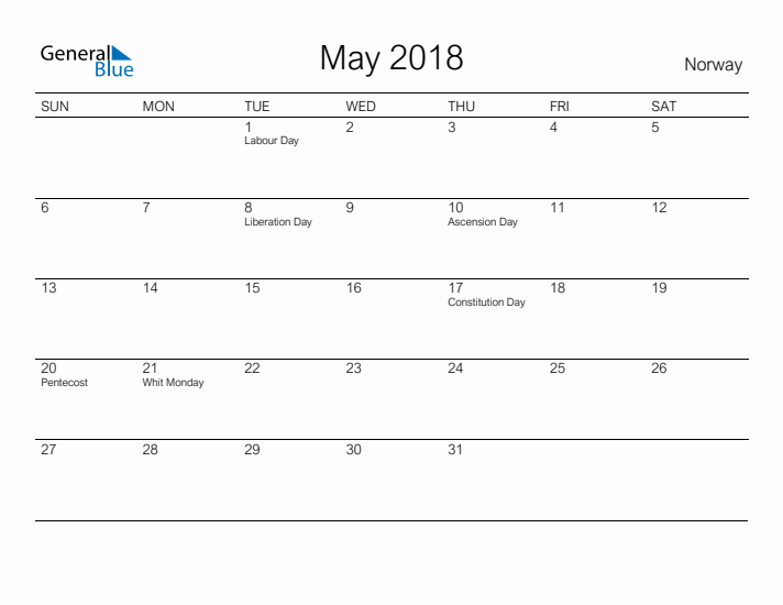Printable May 2018 Calendar for Norway