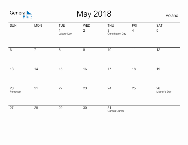 Printable May 2018 Calendar for Poland