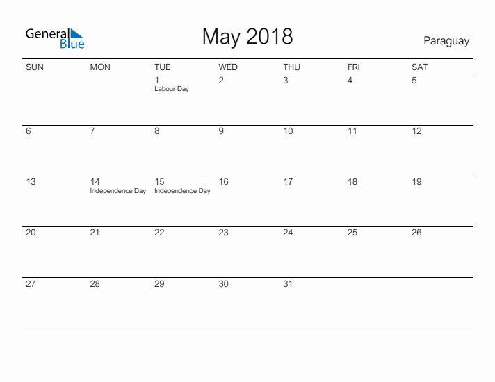 Printable May 2018 Calendar for Paraguay