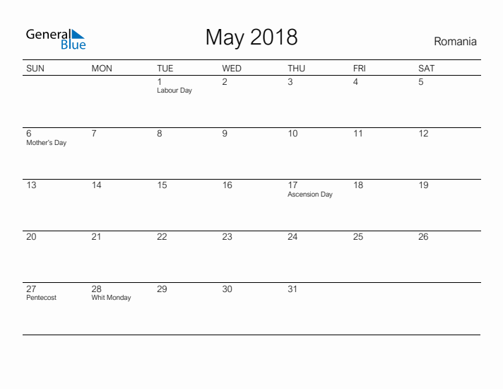 Printable May 2018 Calendar for Romania