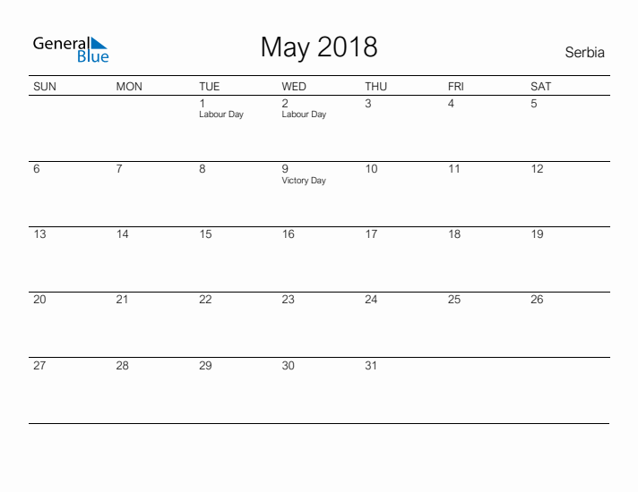 Printable May 2018 Calendar for Serbia