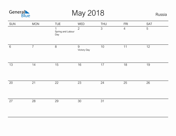 Printable May 2018 Calendar for Russia