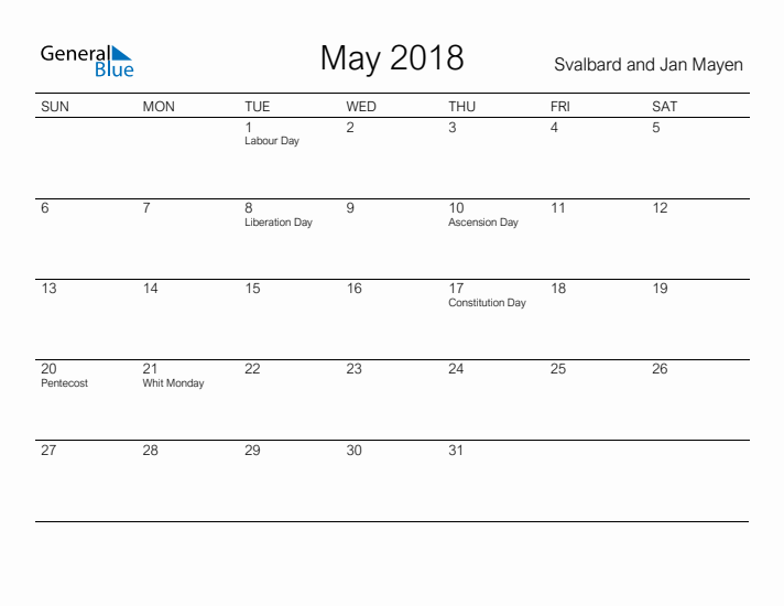 Printable May 2018 Calendar for Svalbard and Jan Mayen