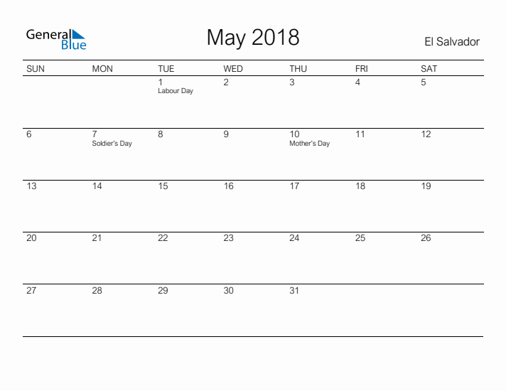 Printable May 2018 Calendar for El Salvador