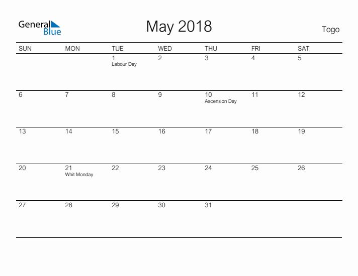 Printable May 2018 Calendar for Togo