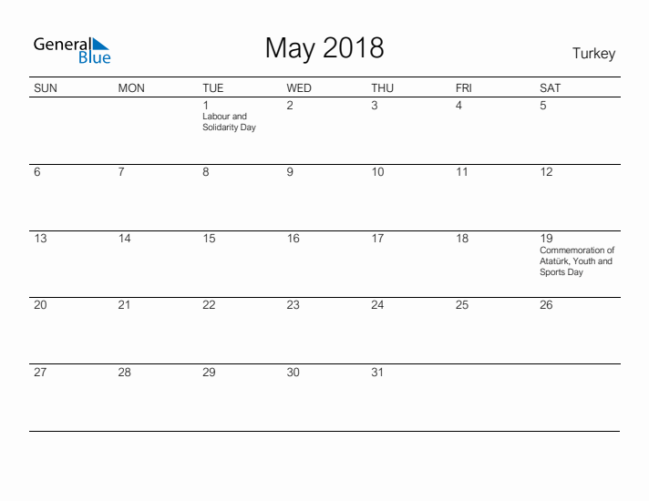 Printable May 2018 Calendar for Turkey