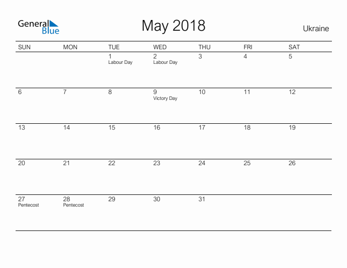 Printable May 2018 Calendar for Ukraine