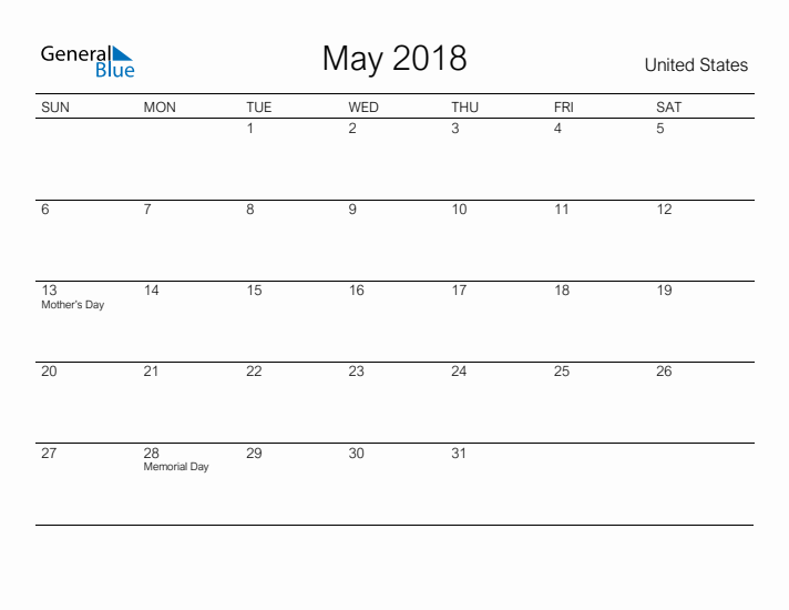 Printable May 2018 Calendar for United States
