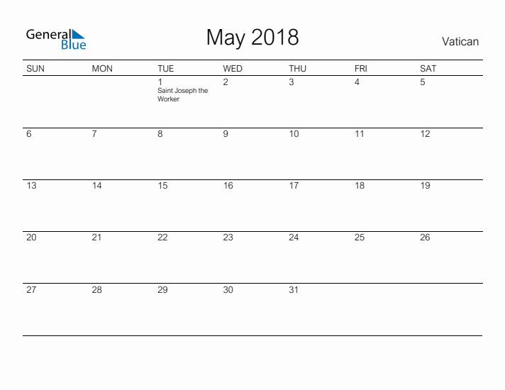 Printable May 2018 Calendar for Vatican