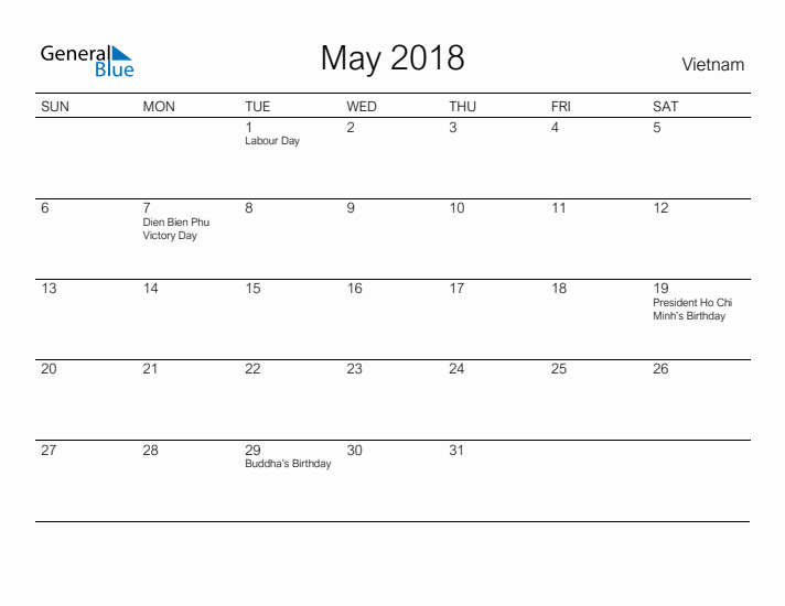 Printable May 2018 Calendar for Vietnam