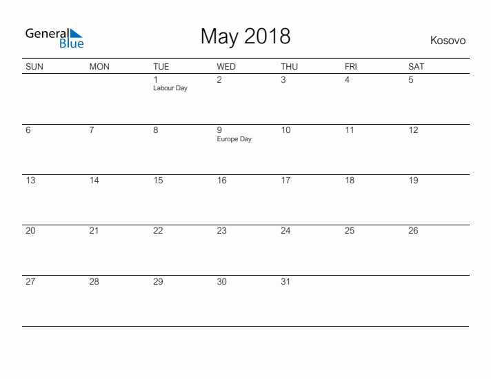 Printable May 2018 Calendar for Kosovo