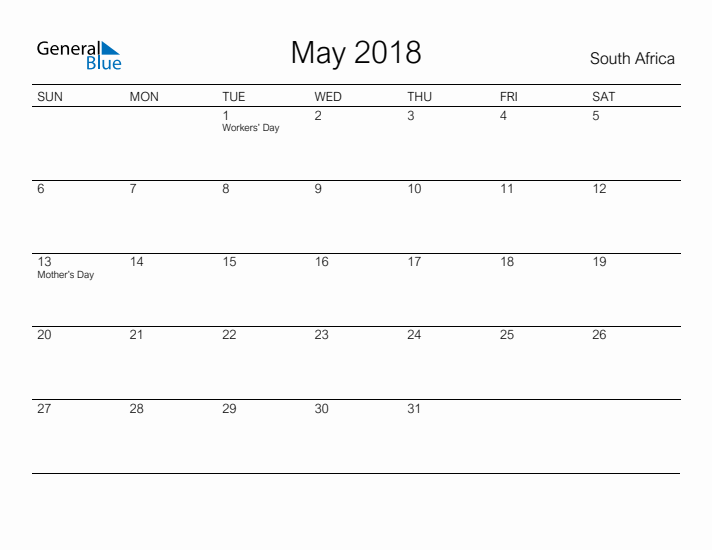 Printable May 2018 Calendar for South Africa