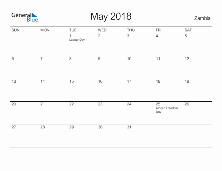Printable May 2018 Calendar for Zambia