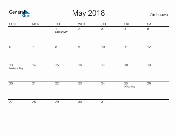 Printable May 2018 Calendar for Zimbabwe