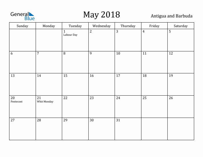 May 2018 Calendar Antigua and Barbuda