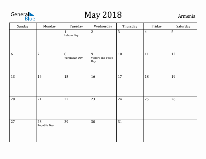 May 2018 Calendar Armenia