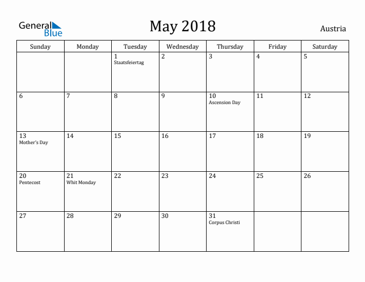 May 2018 Calendar Austria