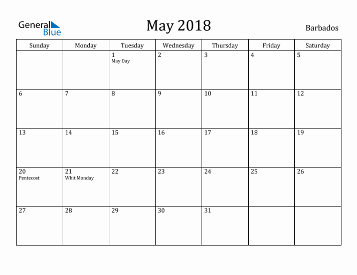 May 2018 Calendar Barbados