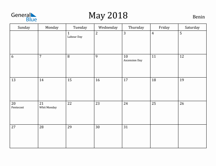 May 2018 Calendar Benin