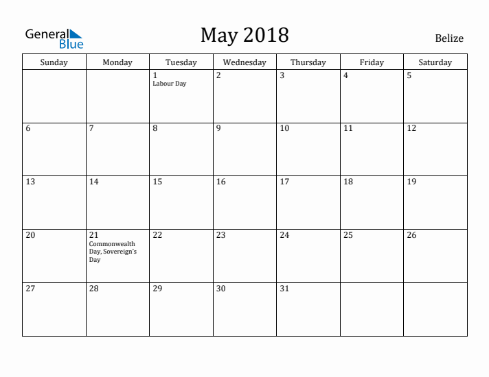 May 2018 Calendar Belize