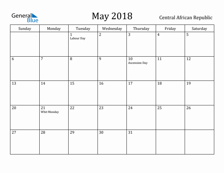May 2018 Calendar Central African Republic