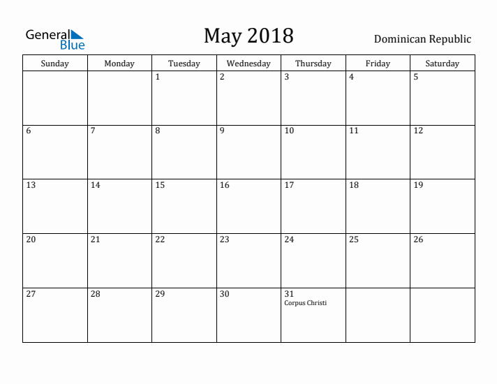 May 2018 Calendar Dominican Republic