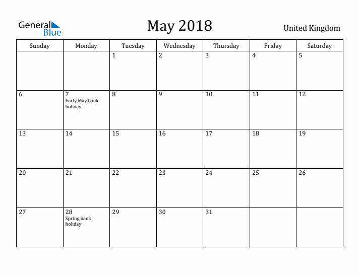 May 2018 Calendar United Kingdom