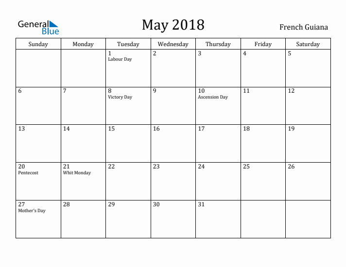May 2018 Calendar French Guiana