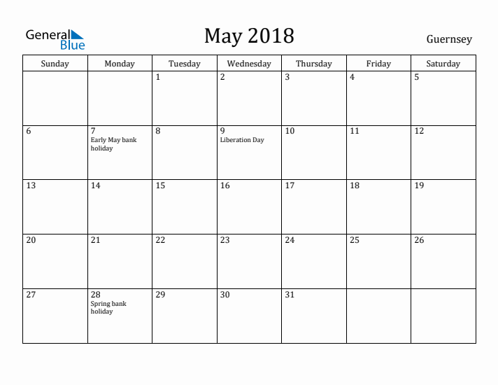 May 2018 Calendar Guernsey