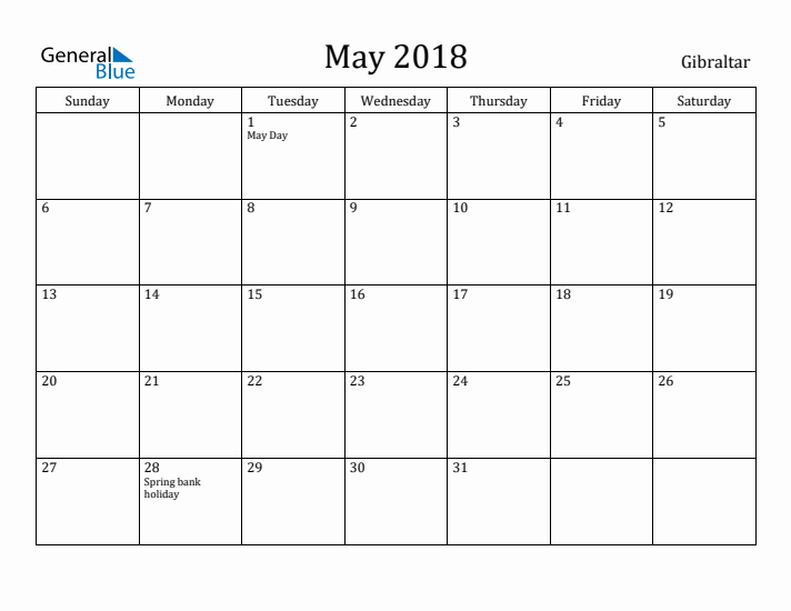 May 2018 Calendar Gibraltar