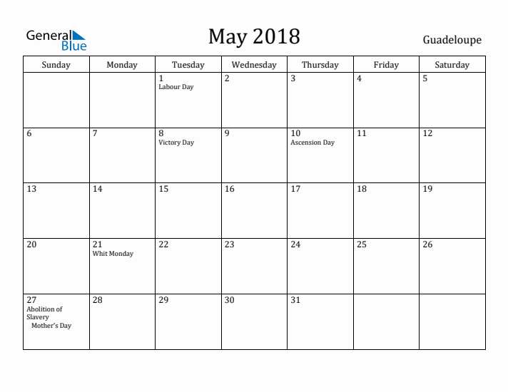 May 2018 Calendar Guadeloupe