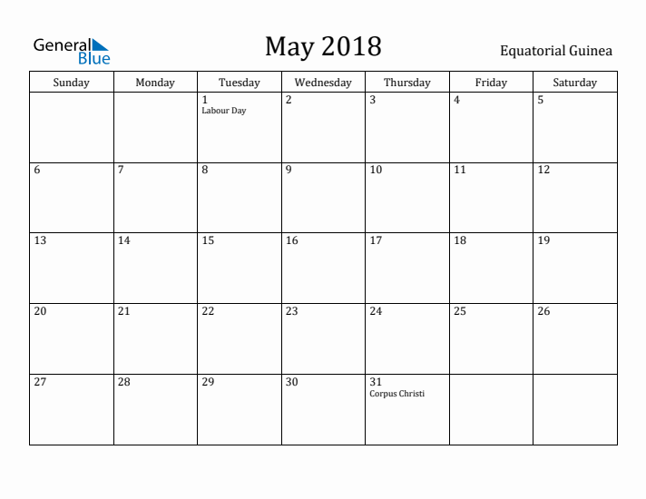 May 2018 Calendar Equatorial Guinea