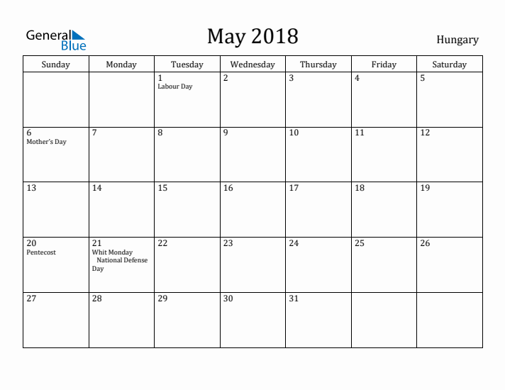 May 2018 Calendar Hungary