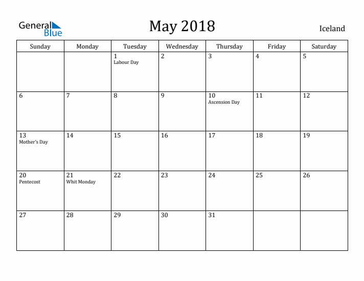 May 2018 Calendar Iceland