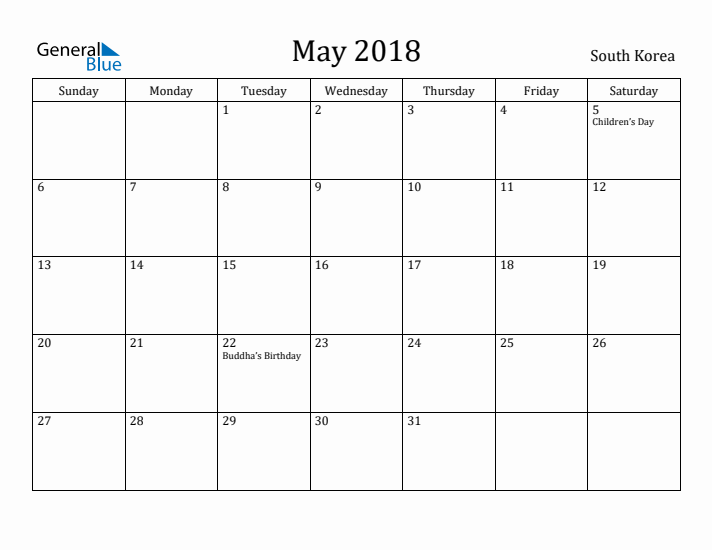 May 2018 Calendar South Korea