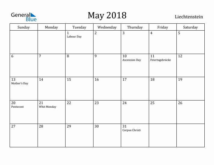 May 2018 Calendar Liechtenstein