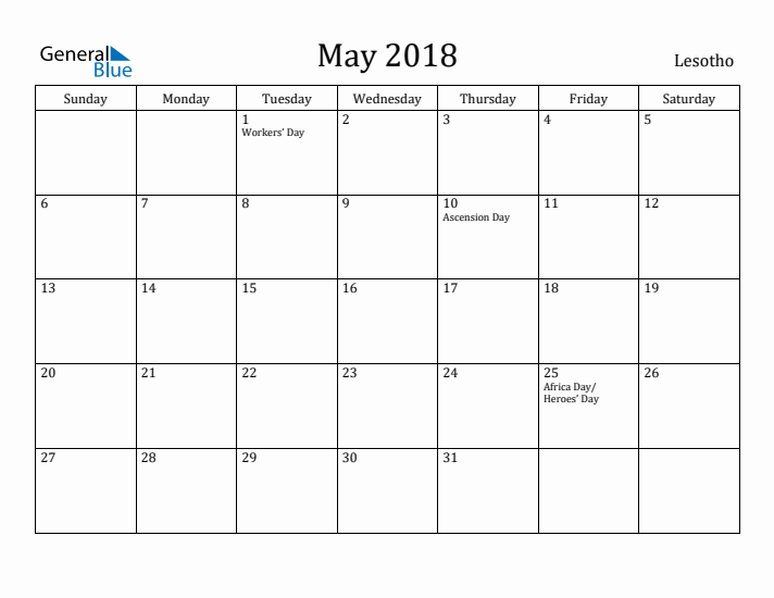May 2018 Calendar Lesotho