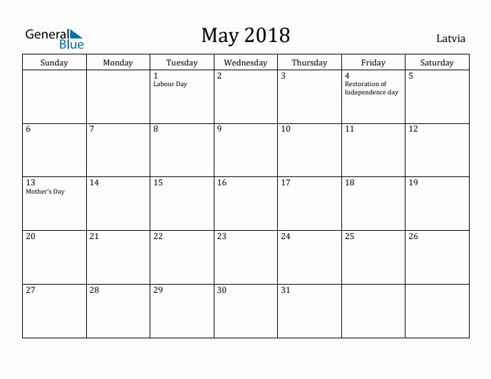 May 2018 Calendar Latvia