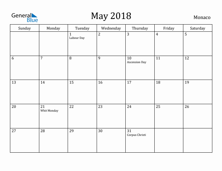 May 2018 Calendar Monaco