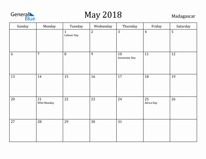 May 2018 Calendar Madagascar
