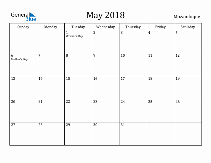 May 2018 Calendar Mozambique