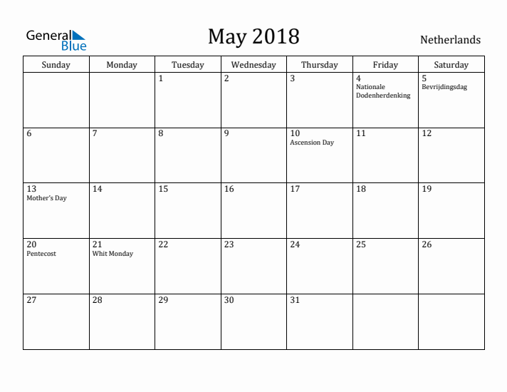 May 2018 Calendar The Netherlands