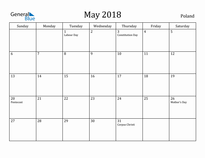 May 2018 Calendar Poland