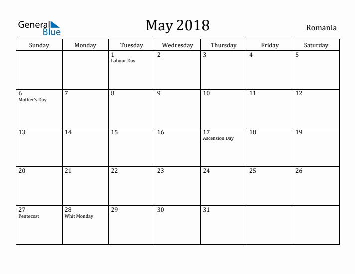 May 2018 Calendar Romania